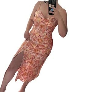 Paisley Print Midi Dress Spaghetti Strap Cowl Neck Sleeveless Slit Summer